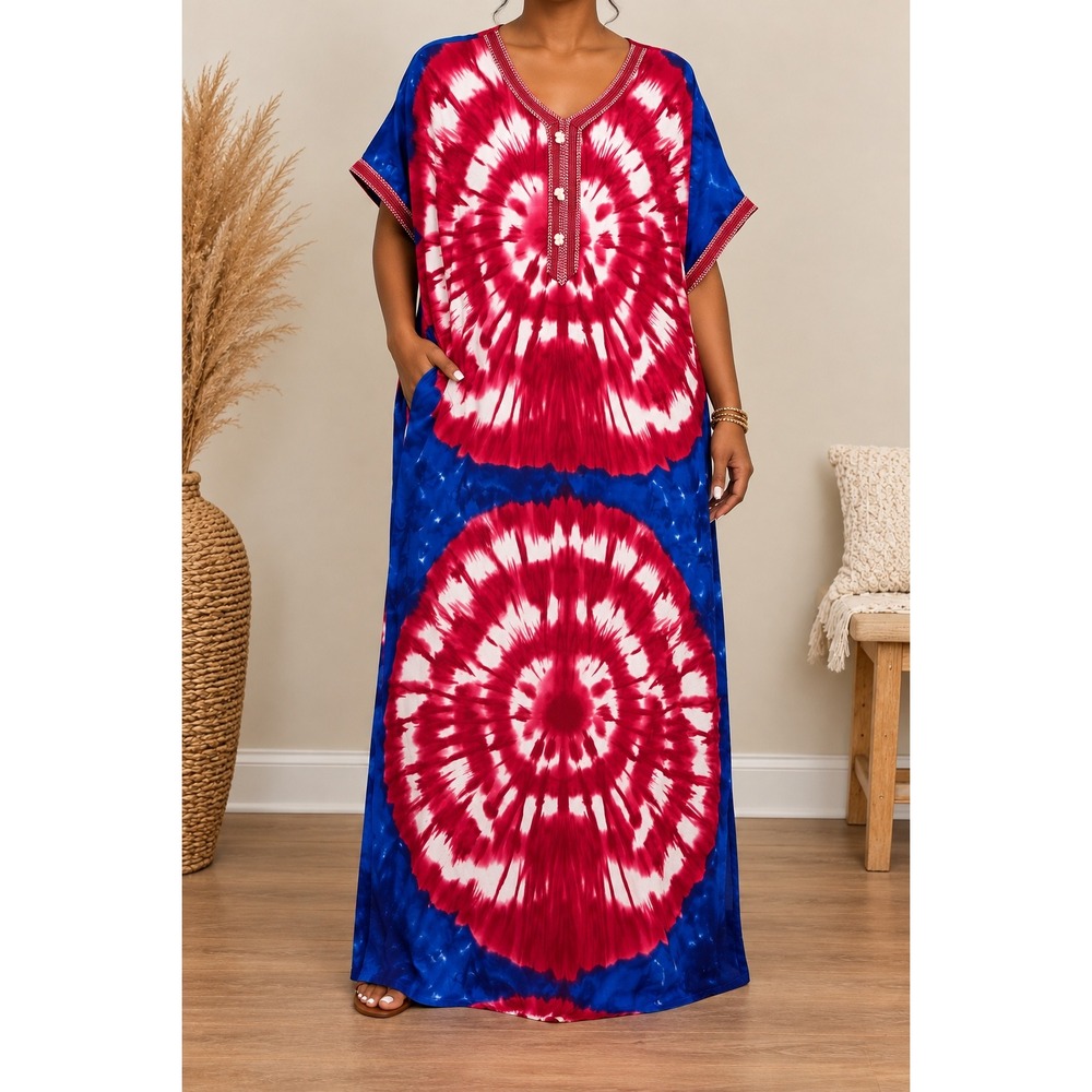 OS 185 Tie Dye Kaftan Maxi Dress Oversized Boho Red Blue Embroidered Festival